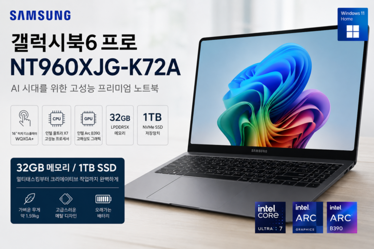 삼성 갤럭시북6 프로 16인치 32GB 1TB 고성능 AI 노트북 NT960XJG-K72A
