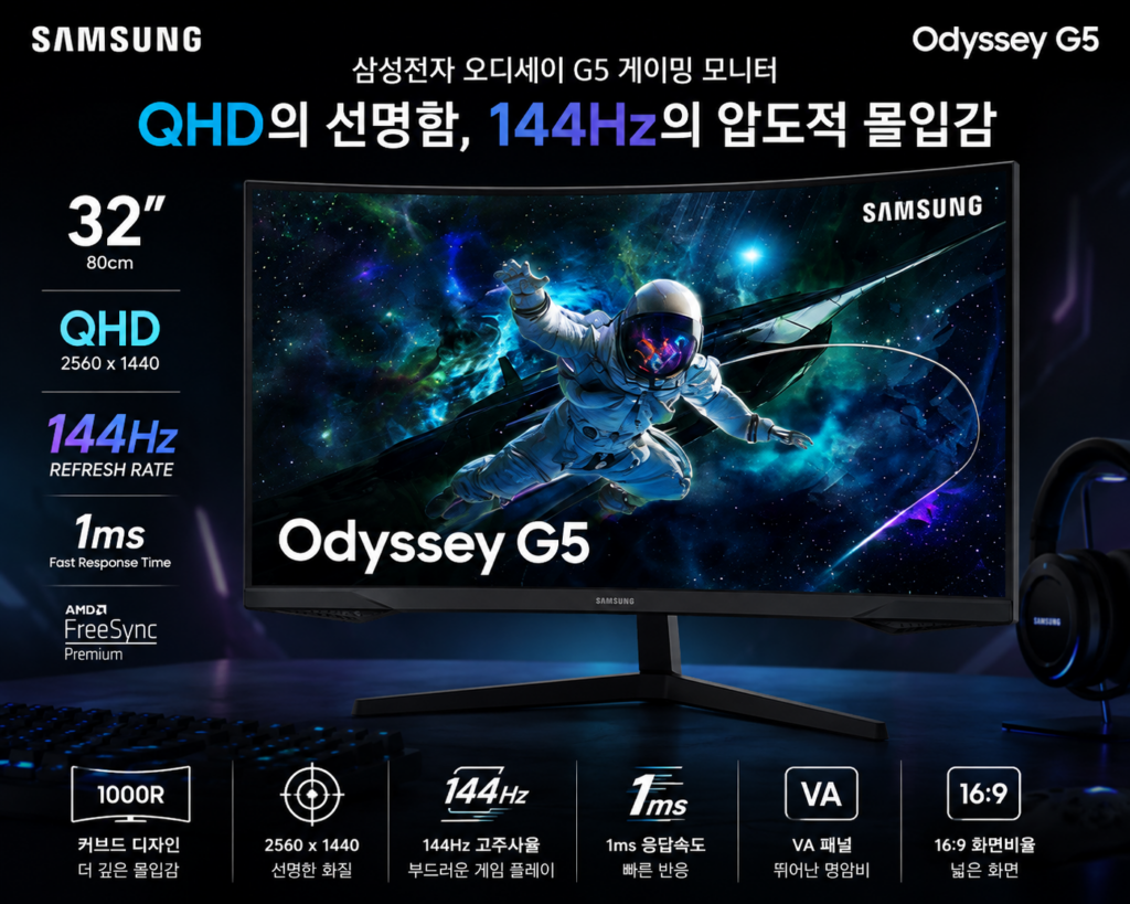 삼성전자 오디세이 G5 32인치 QHD 144Hz 커브드 게이밍 모니터 C32G54T 제품 이미지