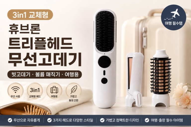 휴브론 트리플헤드 무선고데기 여행용 빗고데기·볼륨 매직기